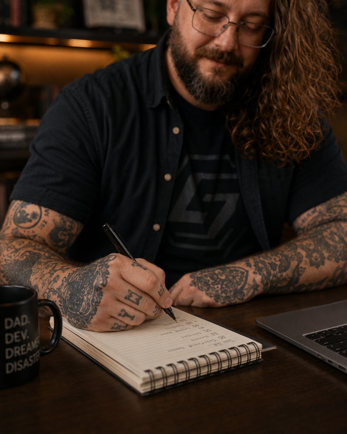 Curtis Lancaster documenting a project plan in a notebook