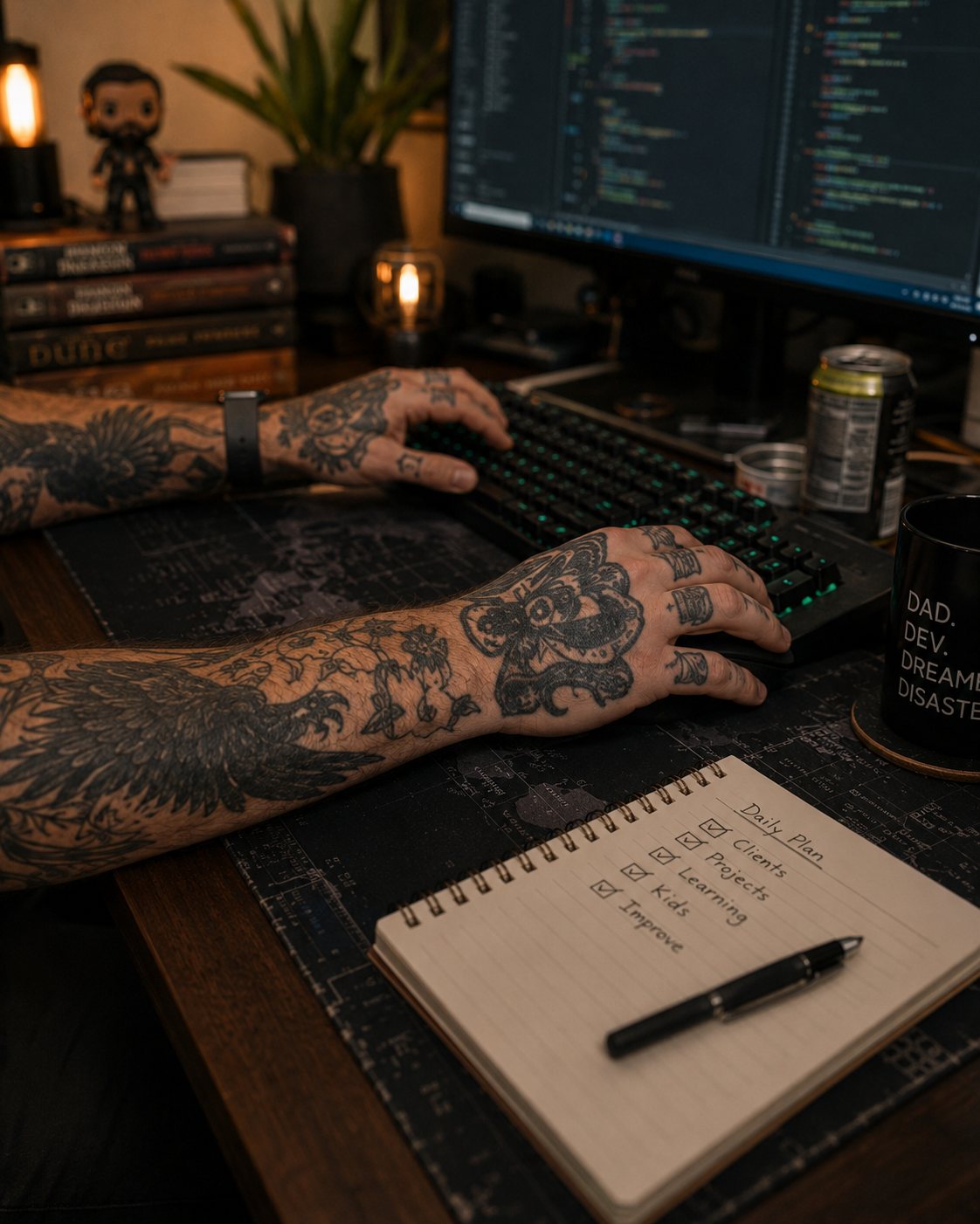 Curtis Lancaster working at a keyboard with project notes nearby